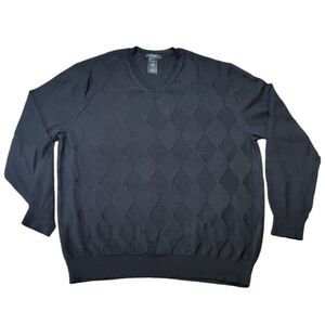 ALFANI Mens V-Neck Sweater Size XLarge Merino Wool Black‎ Argyle Lightweight